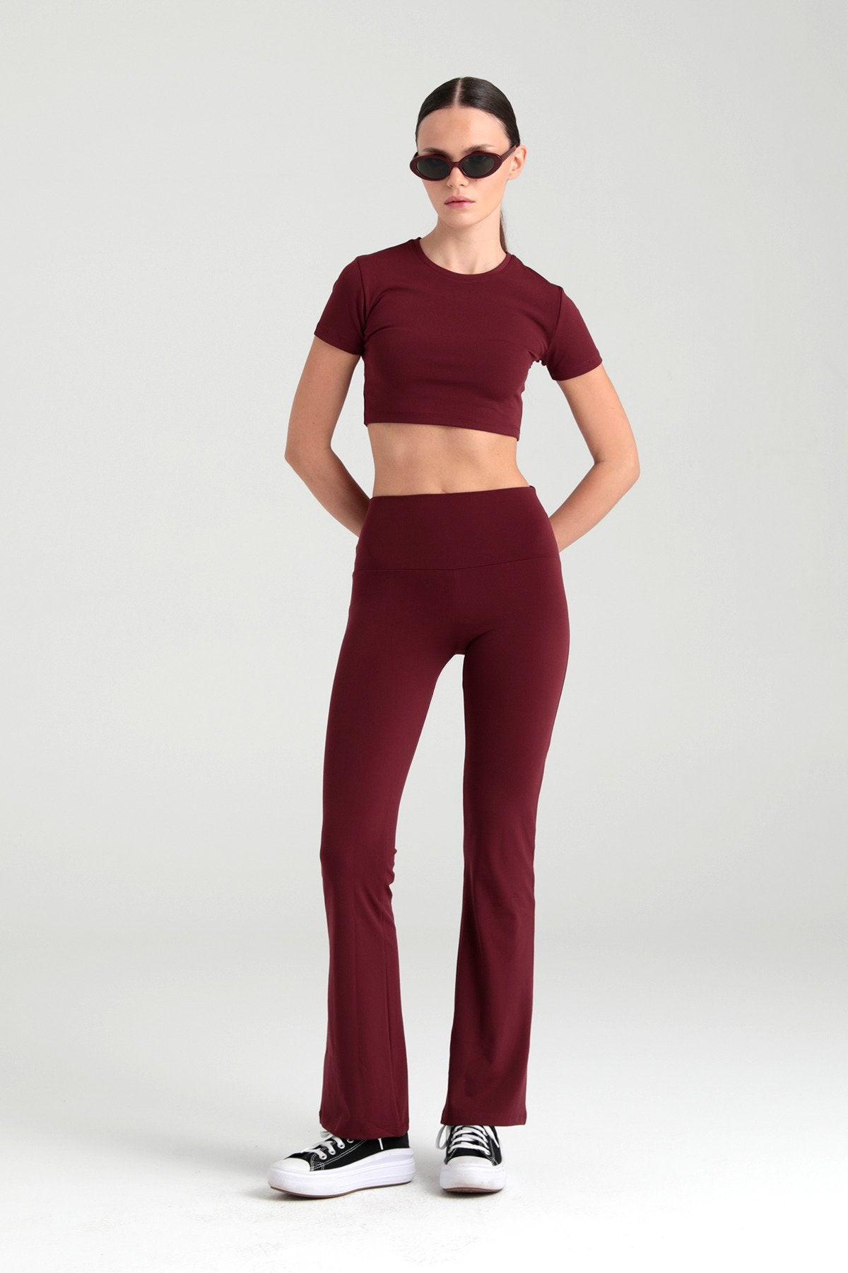 Comfort Yüksek Bel Ispanyol Paça Tayt Bordo