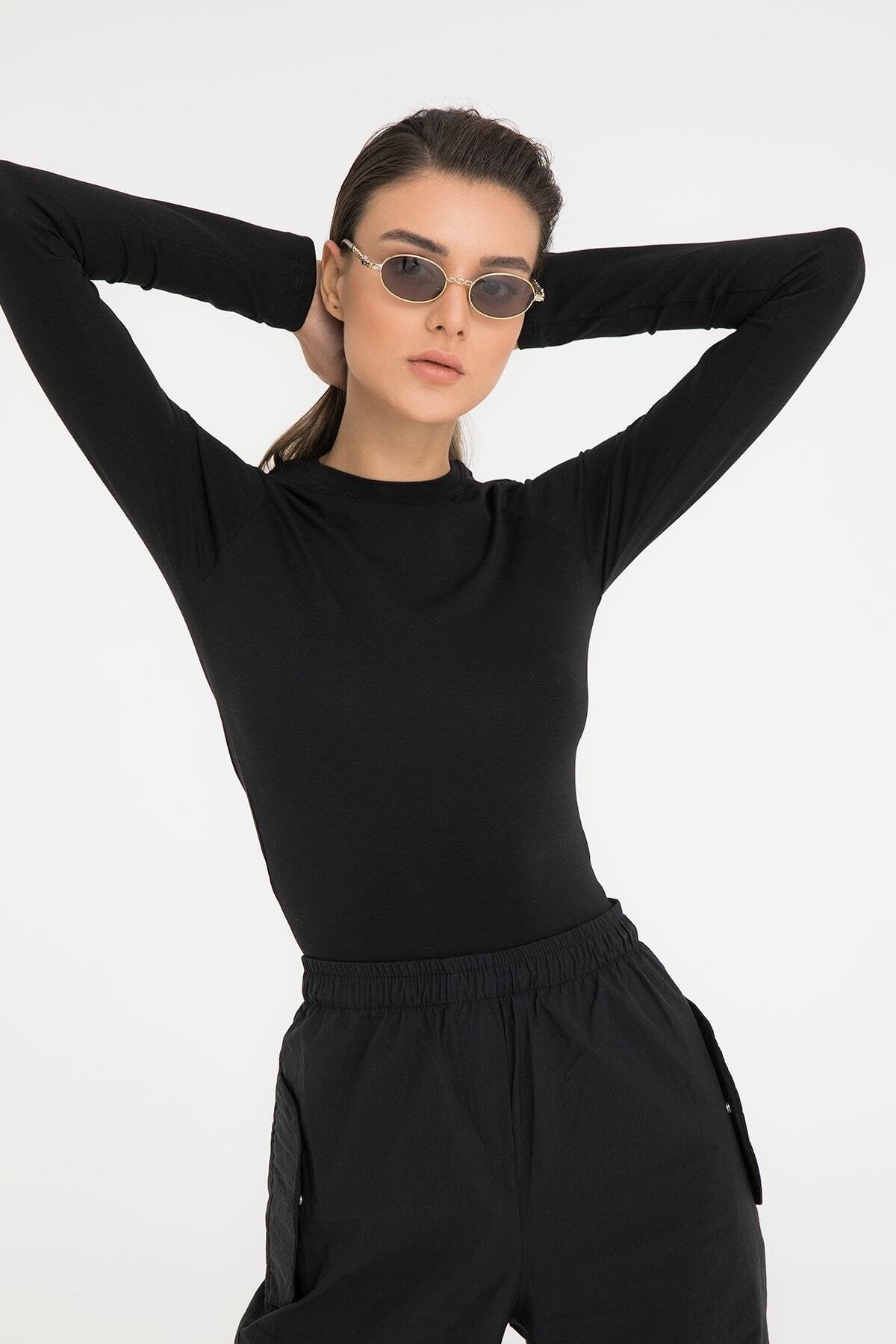 Cotton Yuvarlak Yaka Bluz Siyah