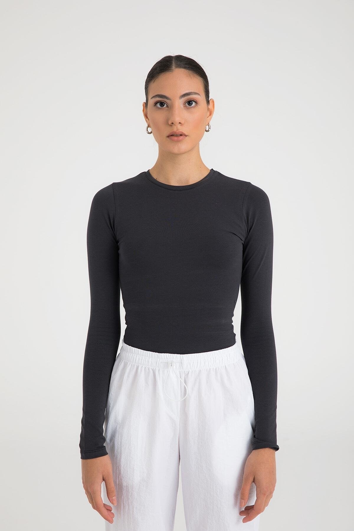 Cotton Yuvarlak Yaka Bluz Füme