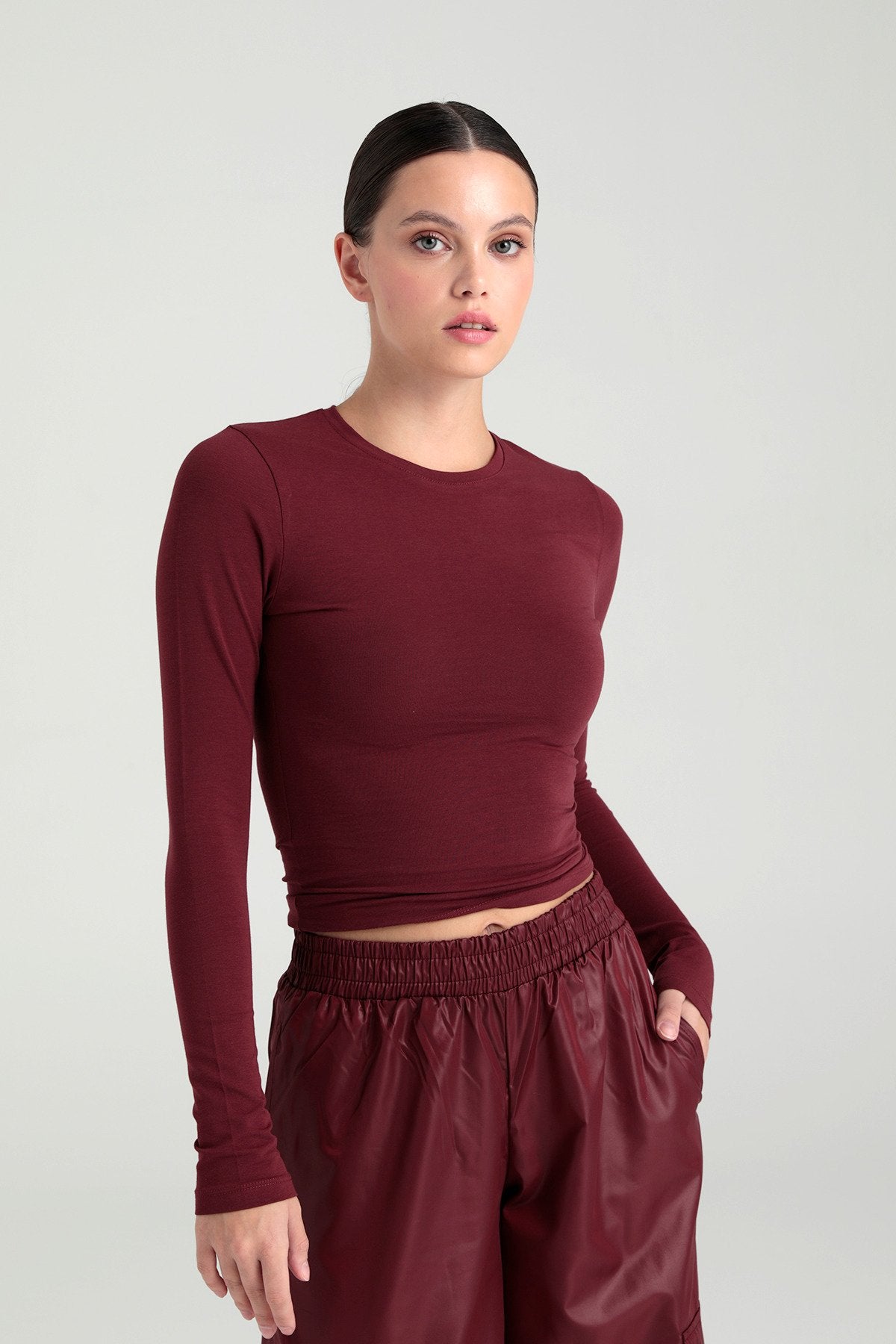 Cotton Yuvarlak Yaka Bluz Bordo