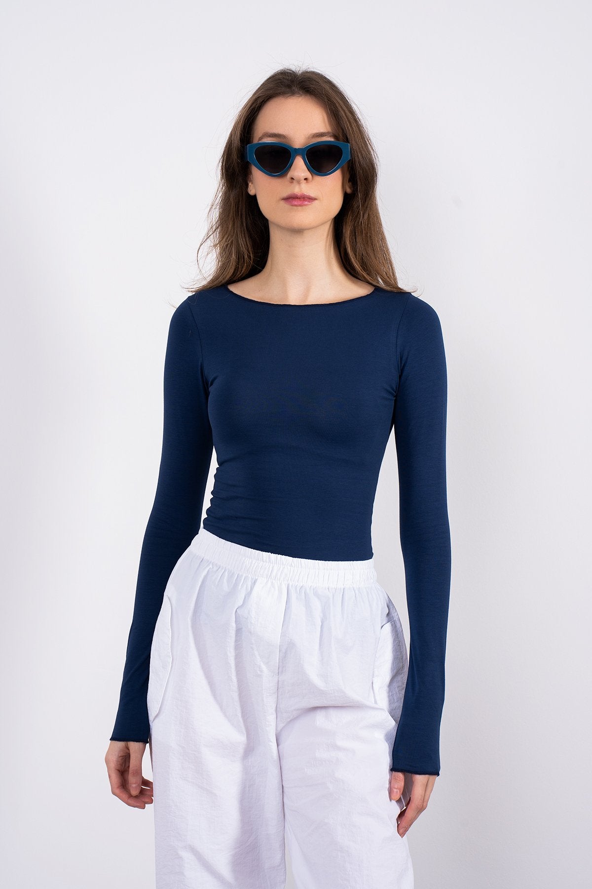 Cotton Kayık Yaka Bluz Lacivert