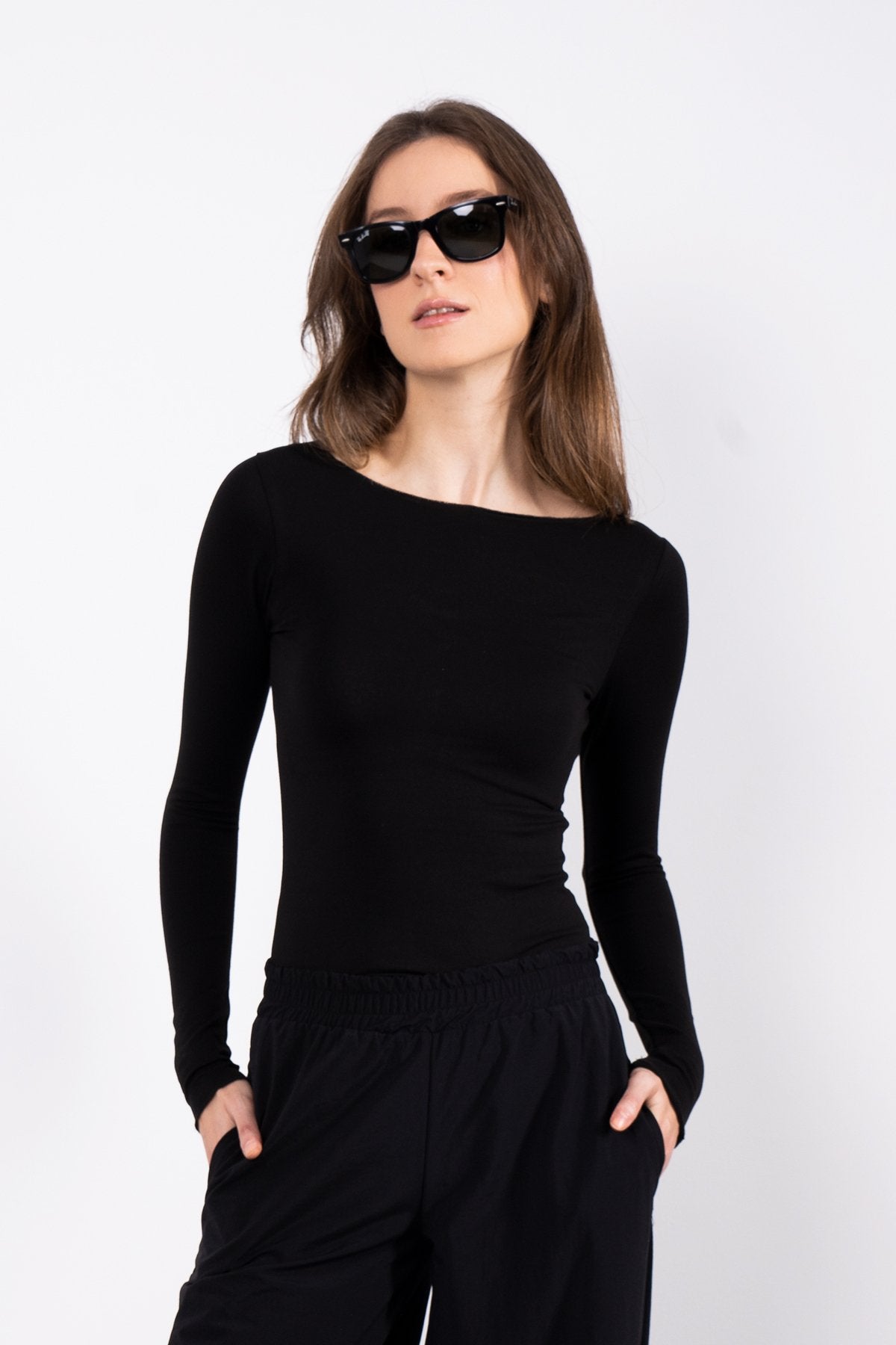 Cotton Kayık Yaka Bluz Siyah