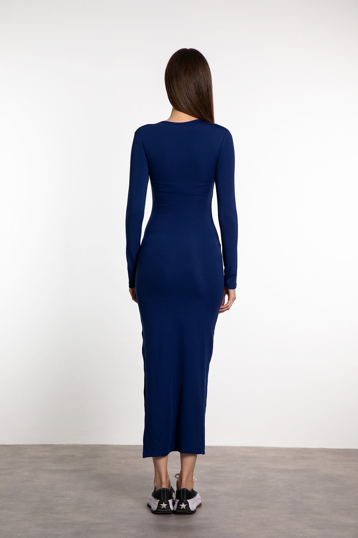 Soft Touch Uzun Kollu Yırtmaç Detaylı Elbise Lacivert