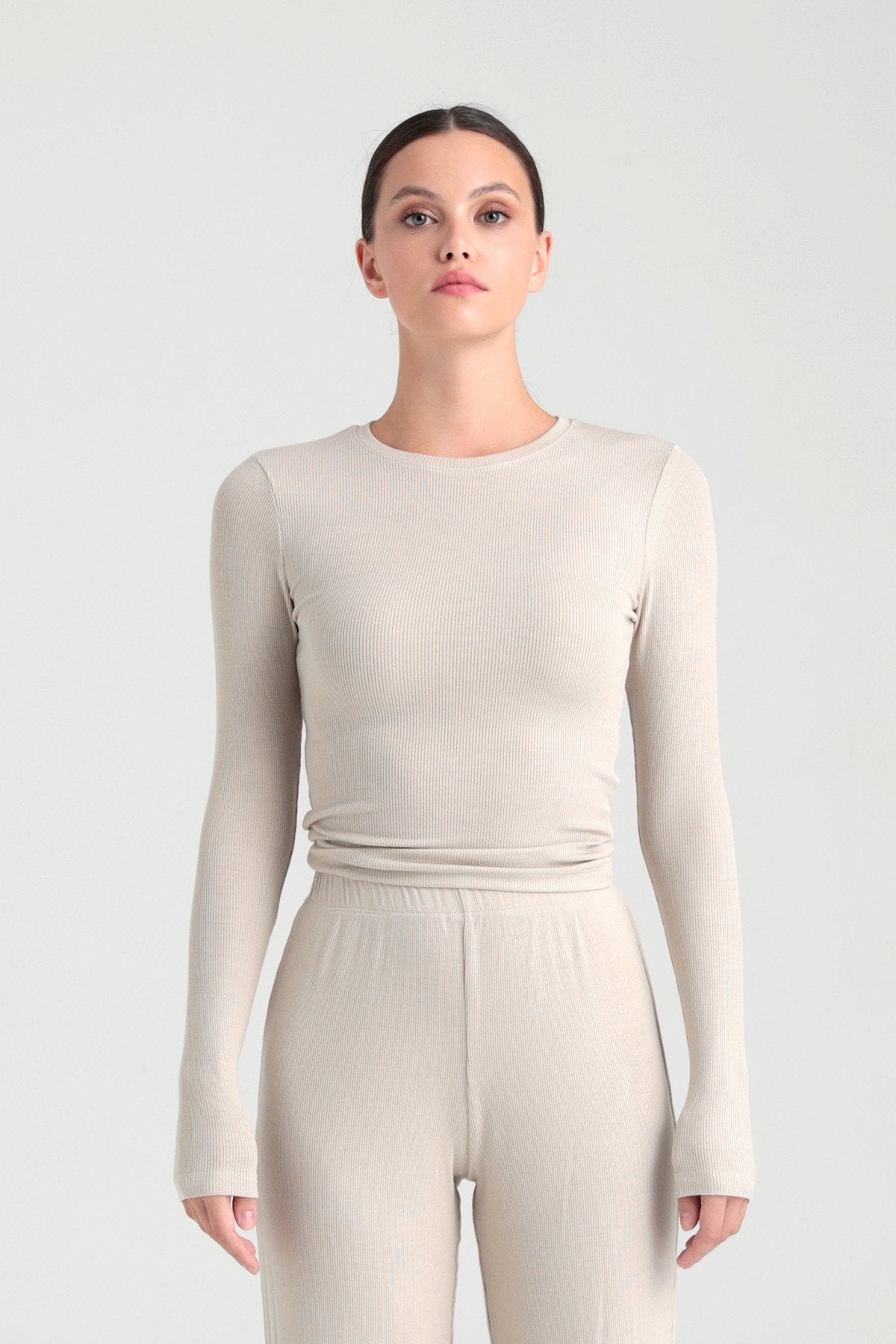 Soft Rib Yuvarlak Yaka Bluz Bej