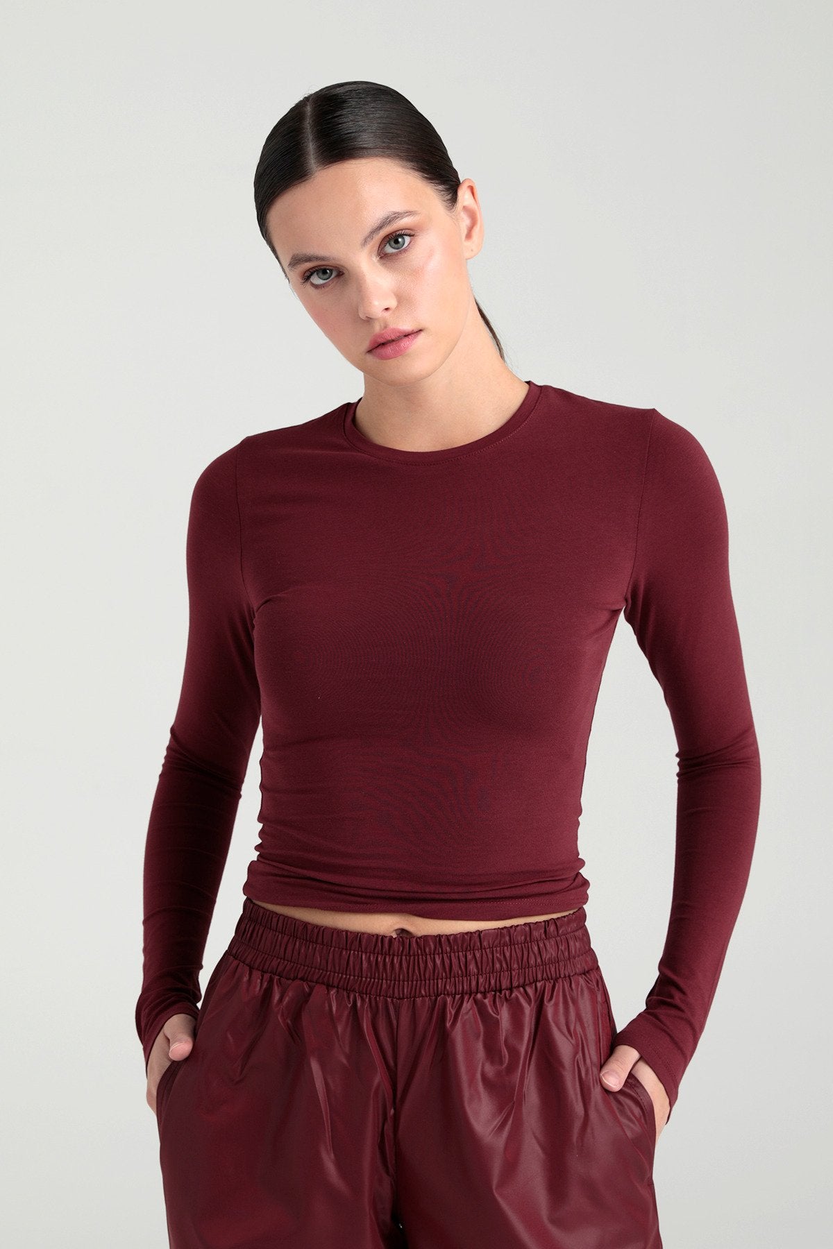 Cotton Yuvarlak Yaka Bluz Bordo