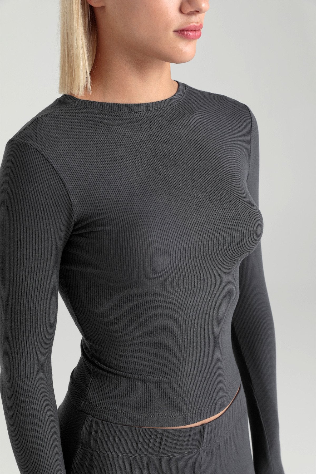 Soft Rib Yuvarlak Yaka Bluz Füme