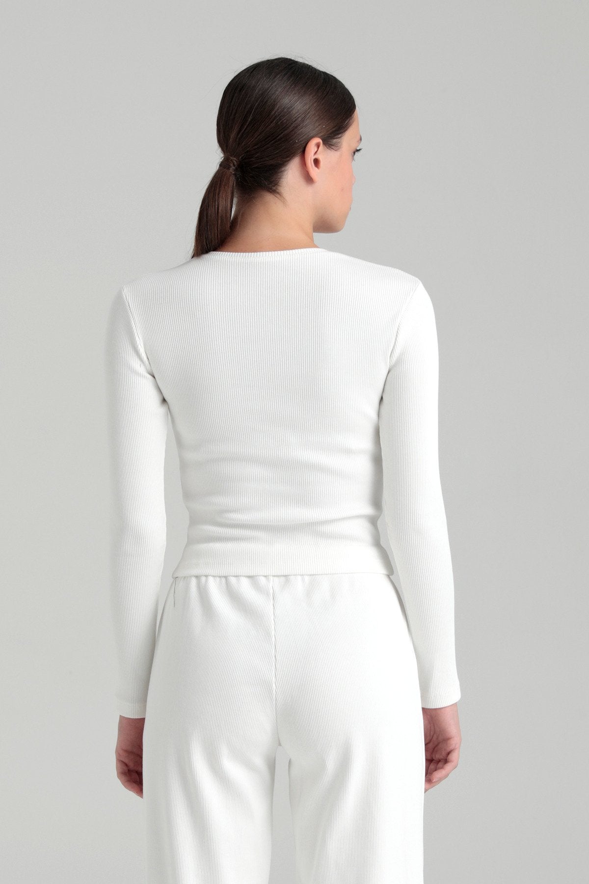 Soft Rib Yuvarlak Yaka Bluz Ekru