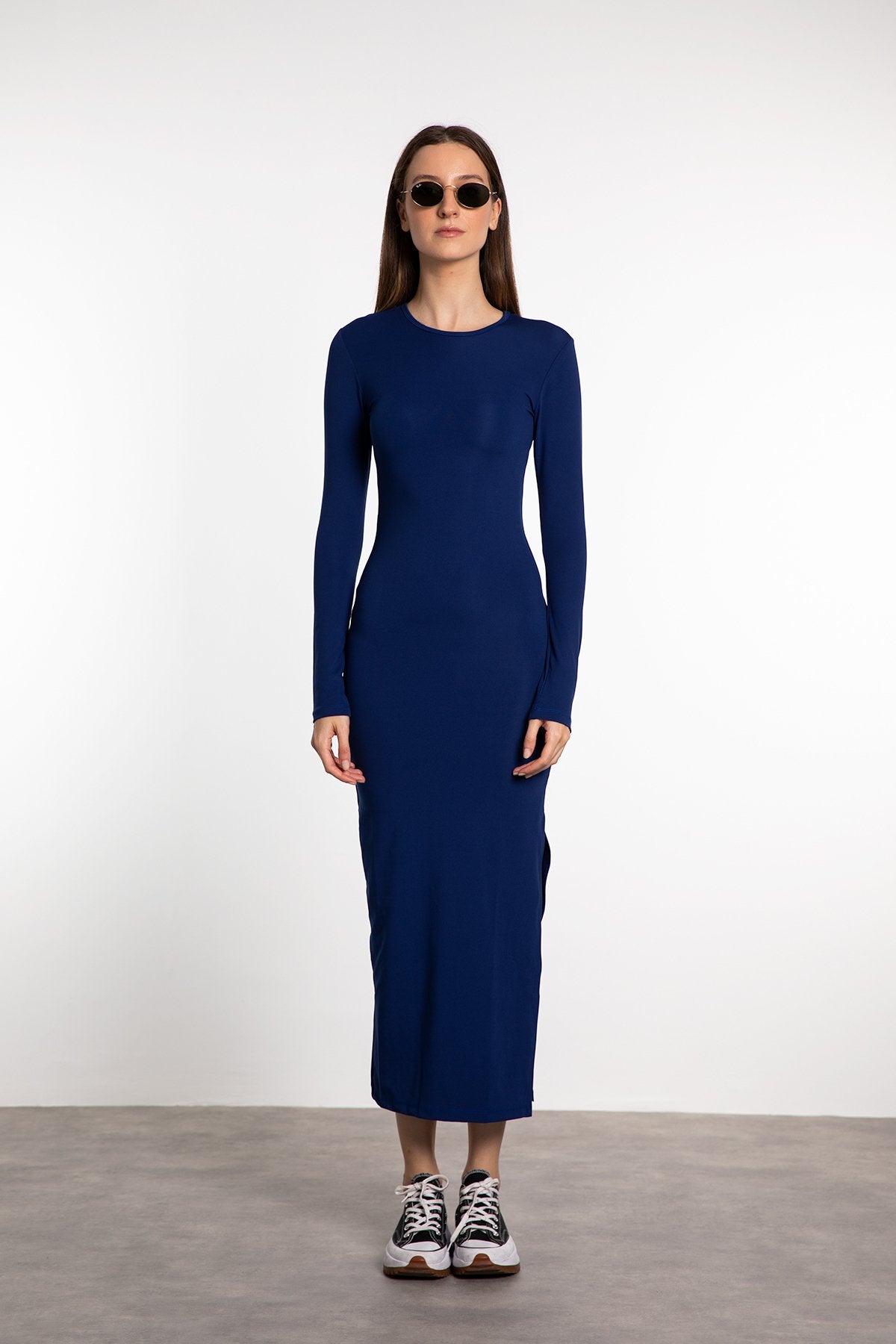 Soft Touch Uzun Kollu Yırtmaç Detaylı Elbise Lacivert