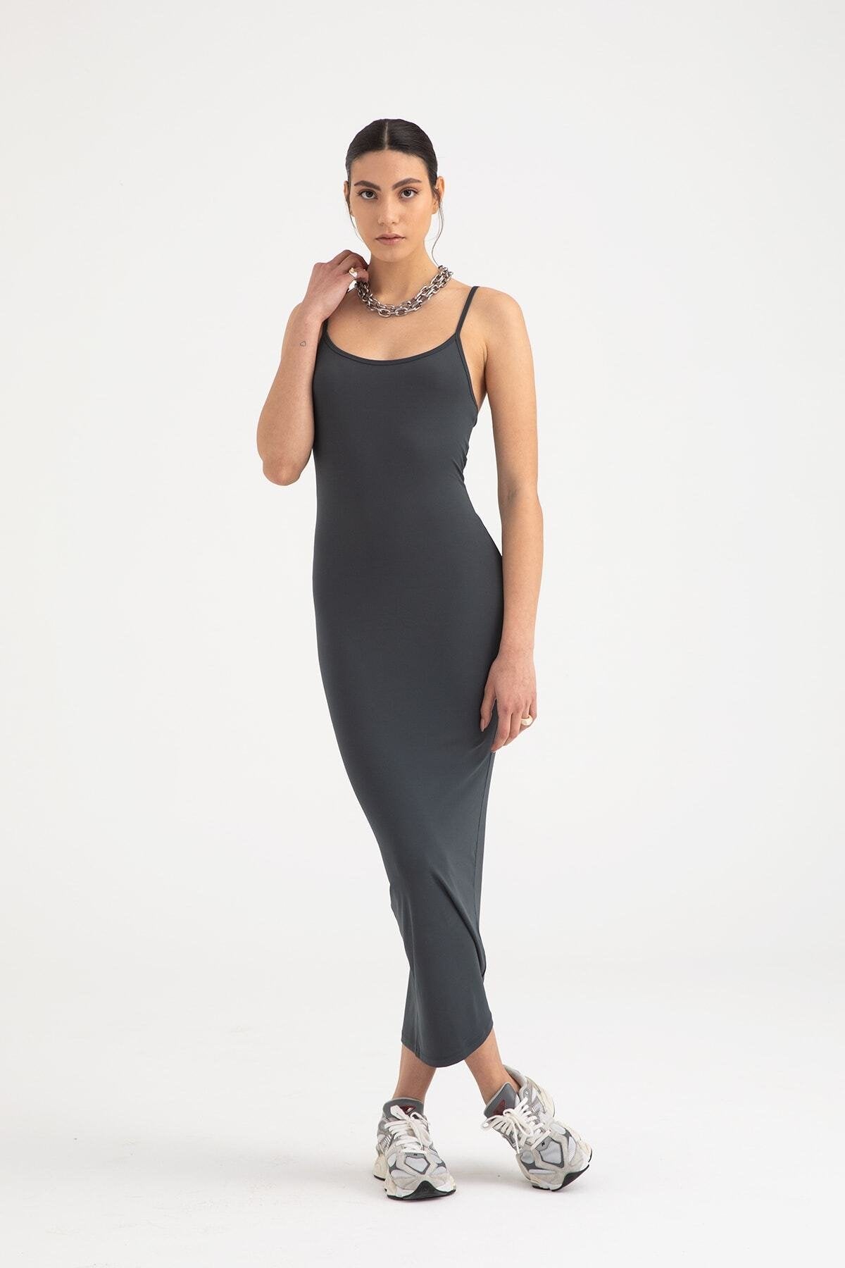 Soft Touch Ip Askılı Elbise Füme