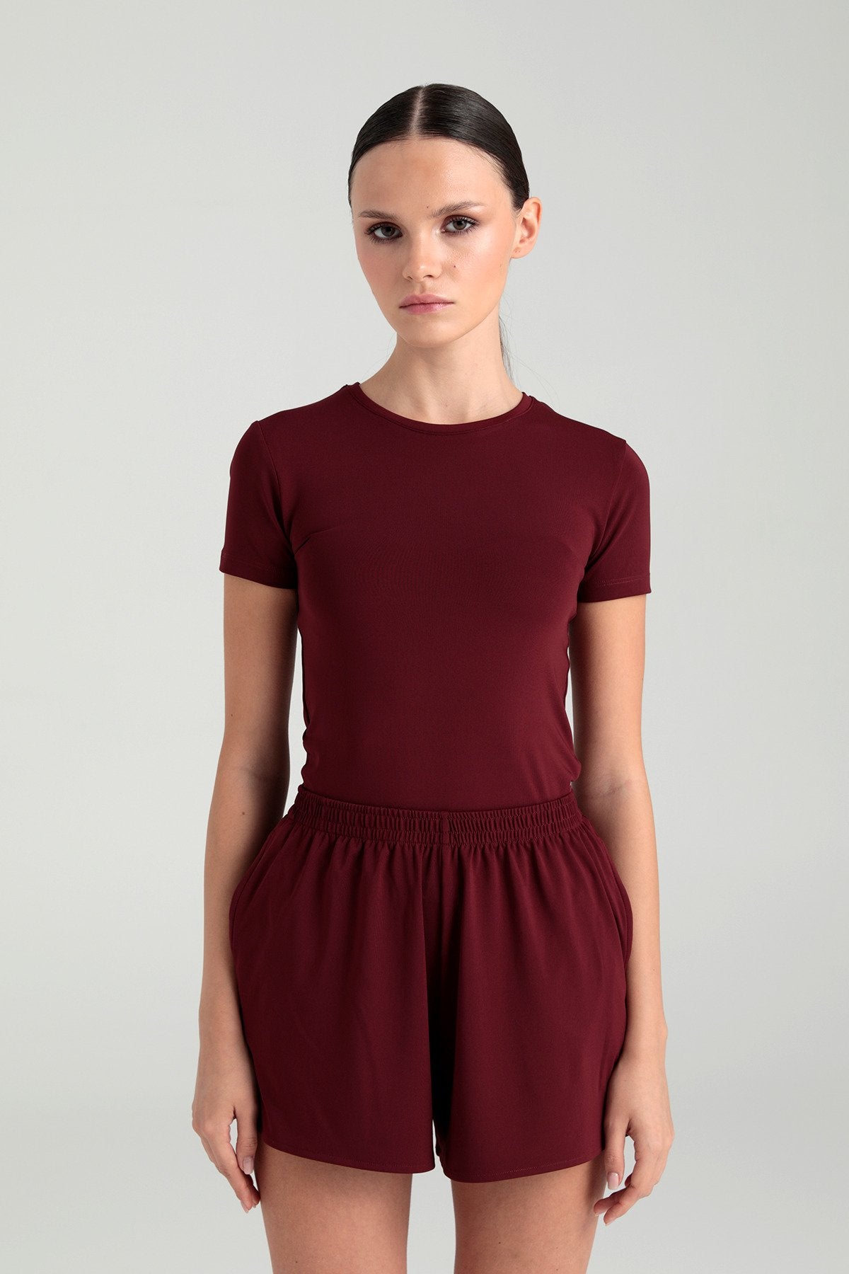 Soft Touch Yuvarlak Yaka Kısa Kol Bluz Bordo