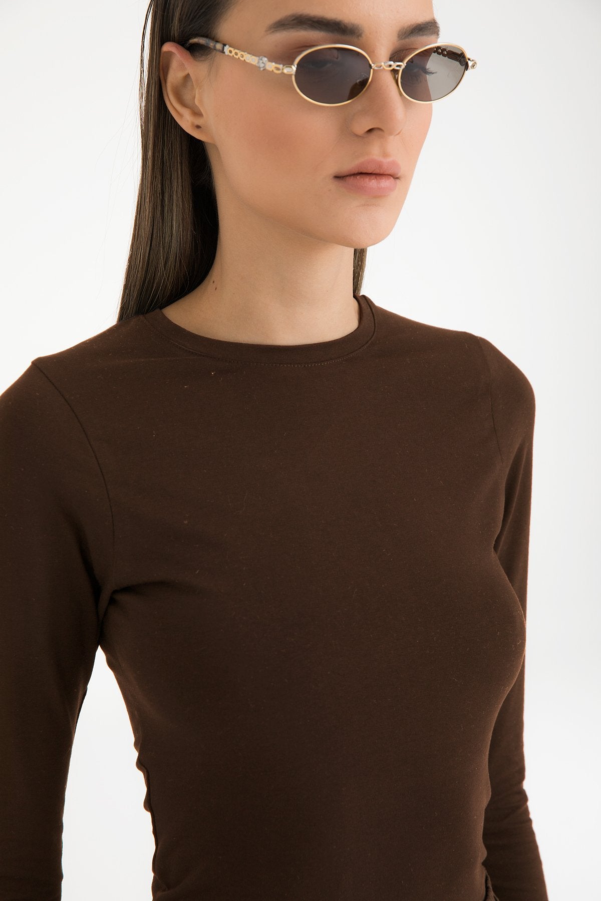 Cotton Yuvarlak Yaka Bluz Kahverengi