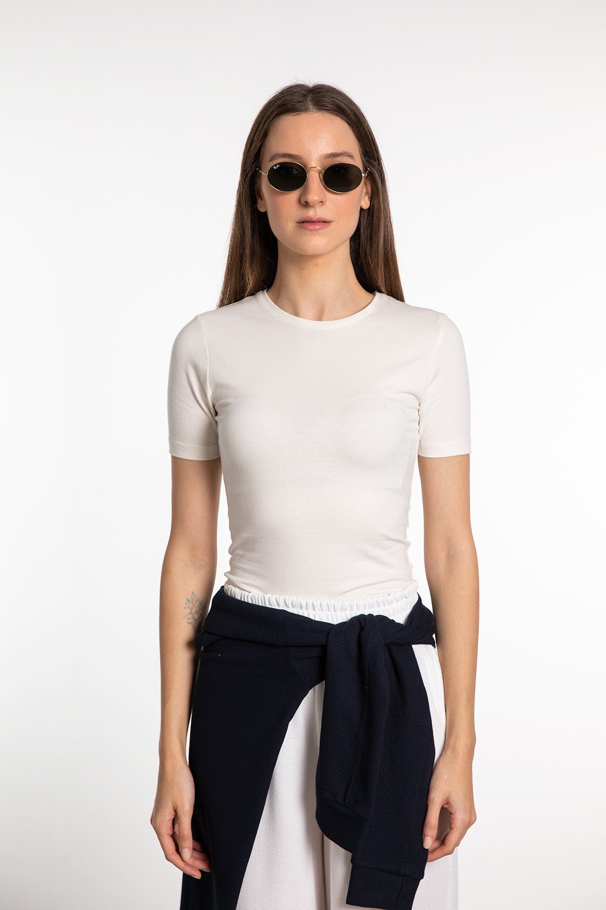 Cotton Yuvarlak Yaka Kısa Kol Bluz Ekru