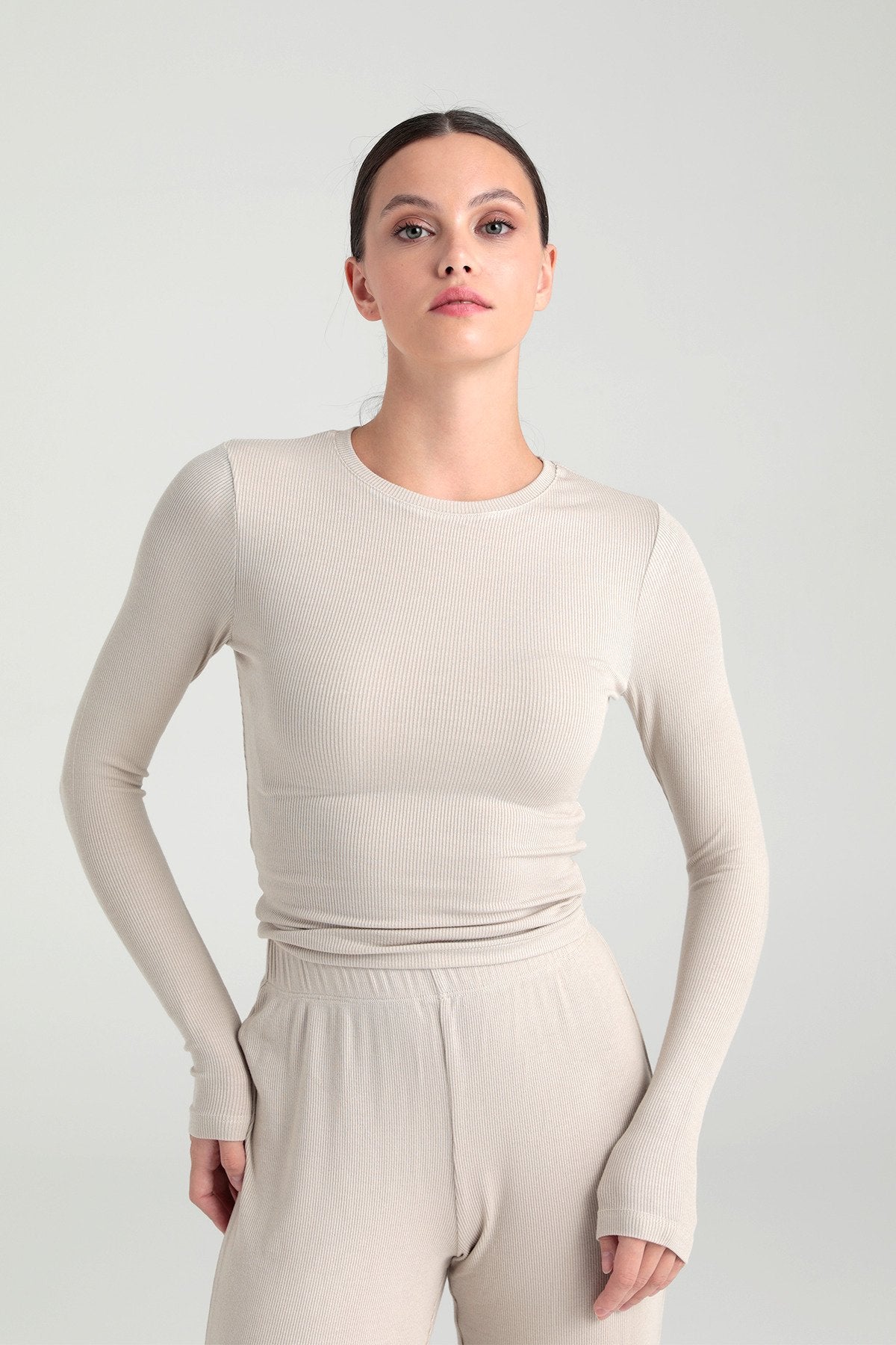 Soft Rib Yuvarlak Yaka Bluz Bej