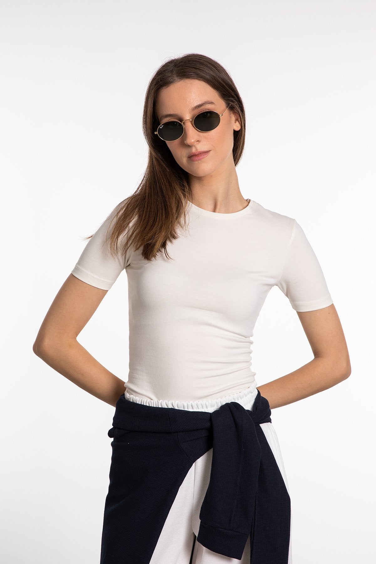 Cotton Yuvarlak Yaka Kısa Kol Bluz Ekru